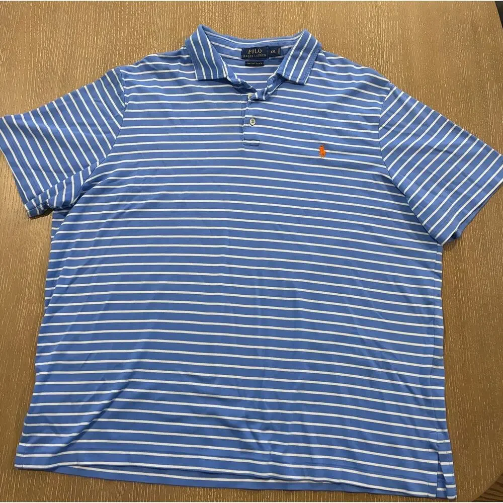 Polo Ralph Lauren Shirt XXL Blue Stripe Pima Soft Touch Short‎ Sleeve Men Pony